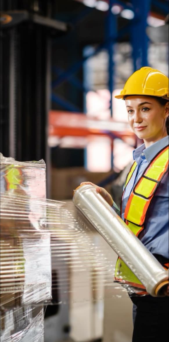Ingeniera protegiendo mercancia con pelicula estirable