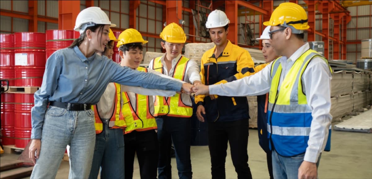 Ingenieros organizando mercancia con pelicula estirable