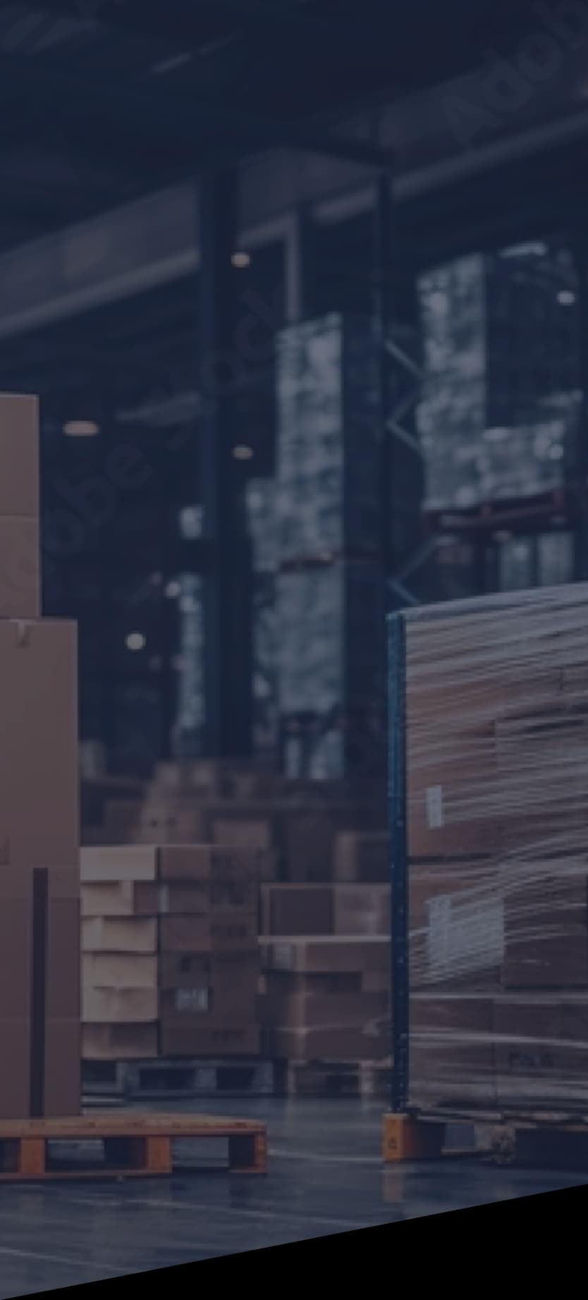 Almacen logistico con cajas y objectos envueltos en pelicula estirable