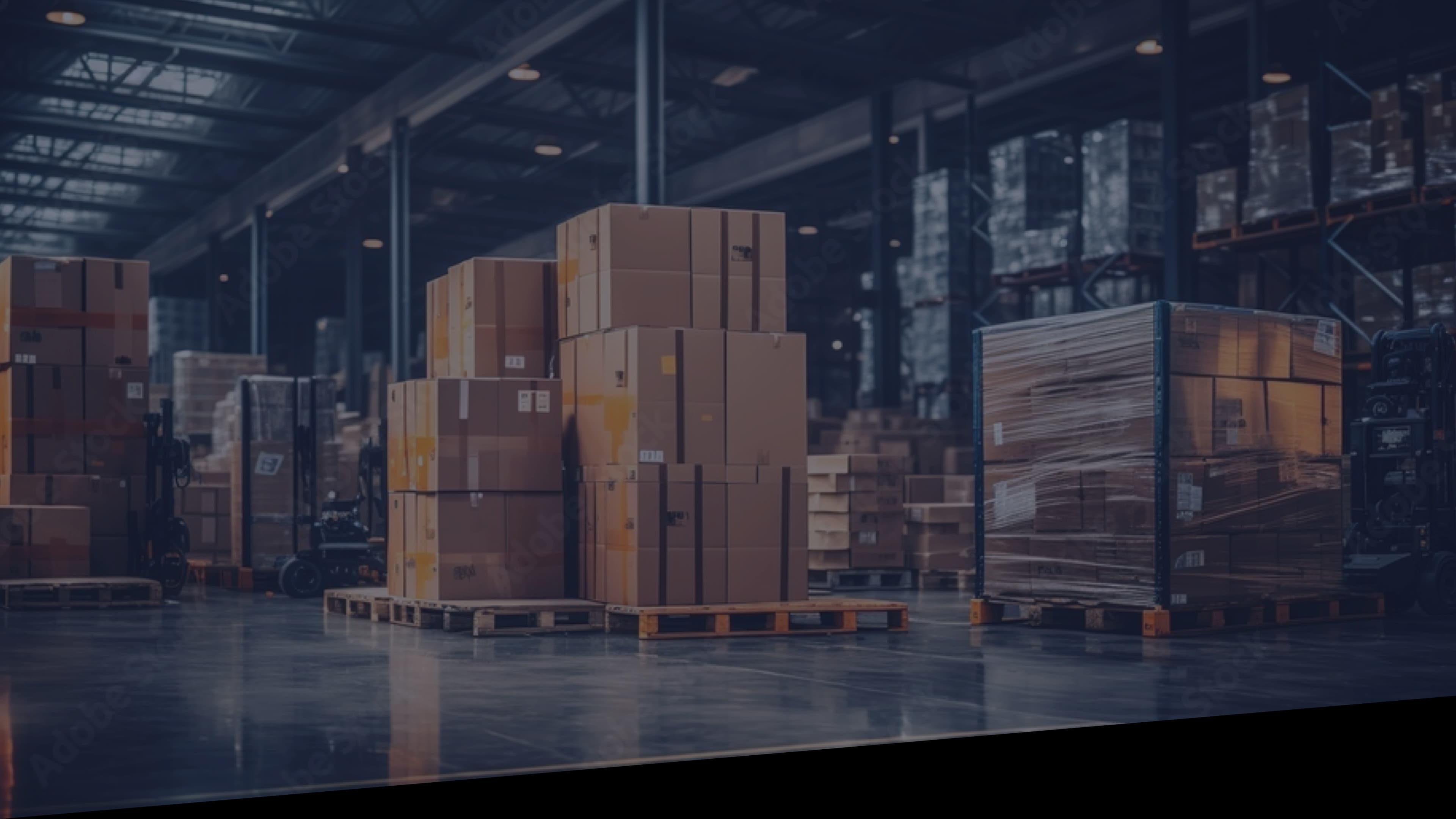 Almacen logistico con cajas y objectos envueltos en pelicula estirable