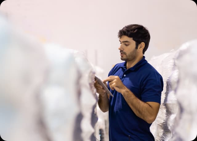 Hombre revisando mercancia protegida con pelicula estirable